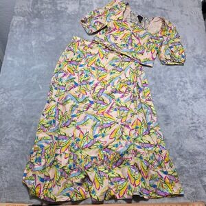 Rachel Roy Women Large Multicolor Tropical 2 Pc Maxi Skirt Puff Sleeve Smocked